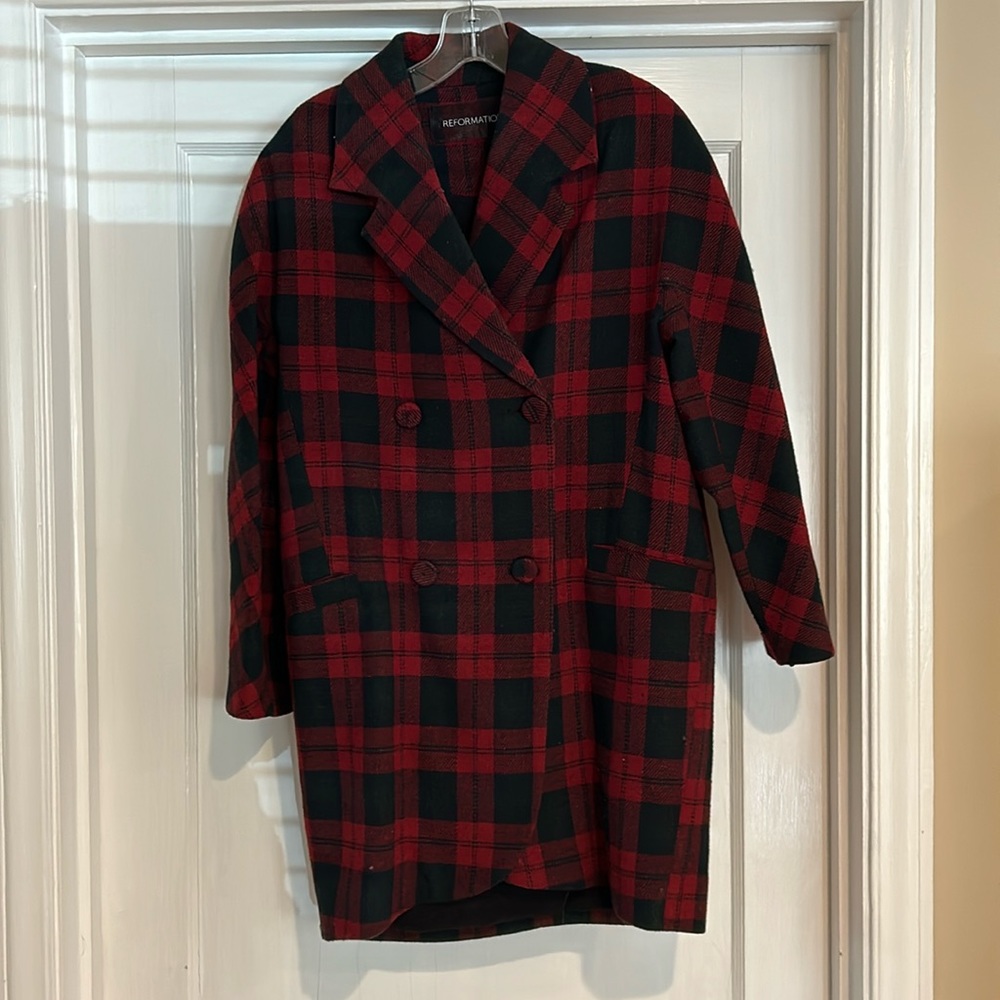 Reformation red black plaid coat jacket size XS